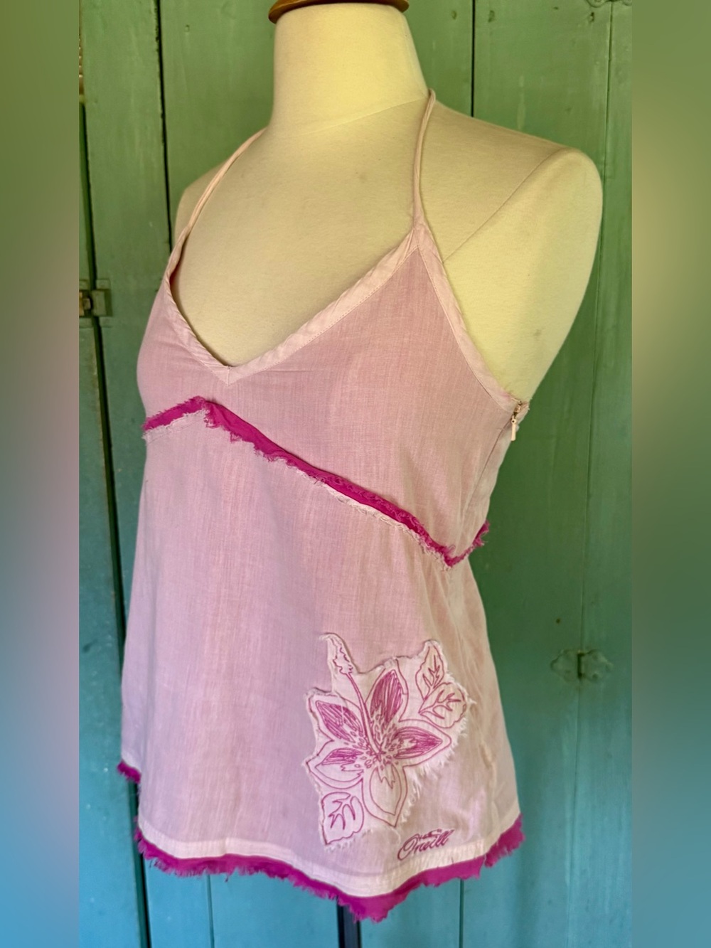 SOLD!! O'Neill Tank Top L Pink Embroidery Patches Floral Boho Halter Beachy L - Picture 6 of 12